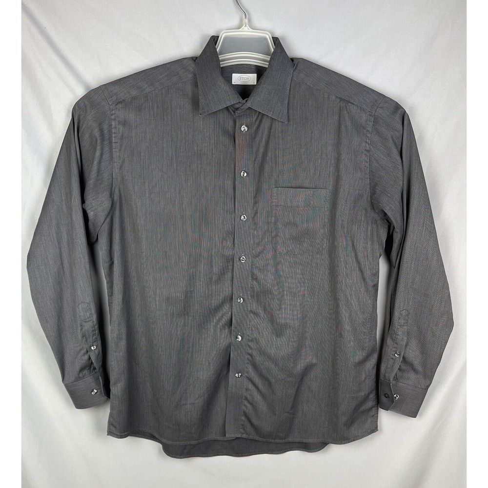 Eton Classic Dress Shirt Mens Size 46 18 Dark Grey Long Sleeve Button Up Clean